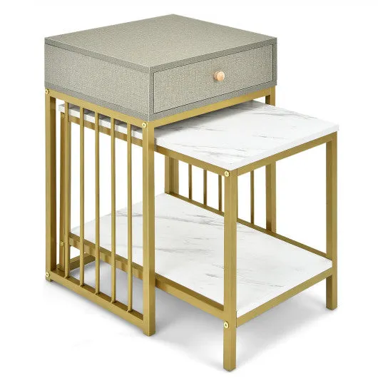 2 Pieces Modern Nesting Coffee Table Set with Drawer and Shelf-White