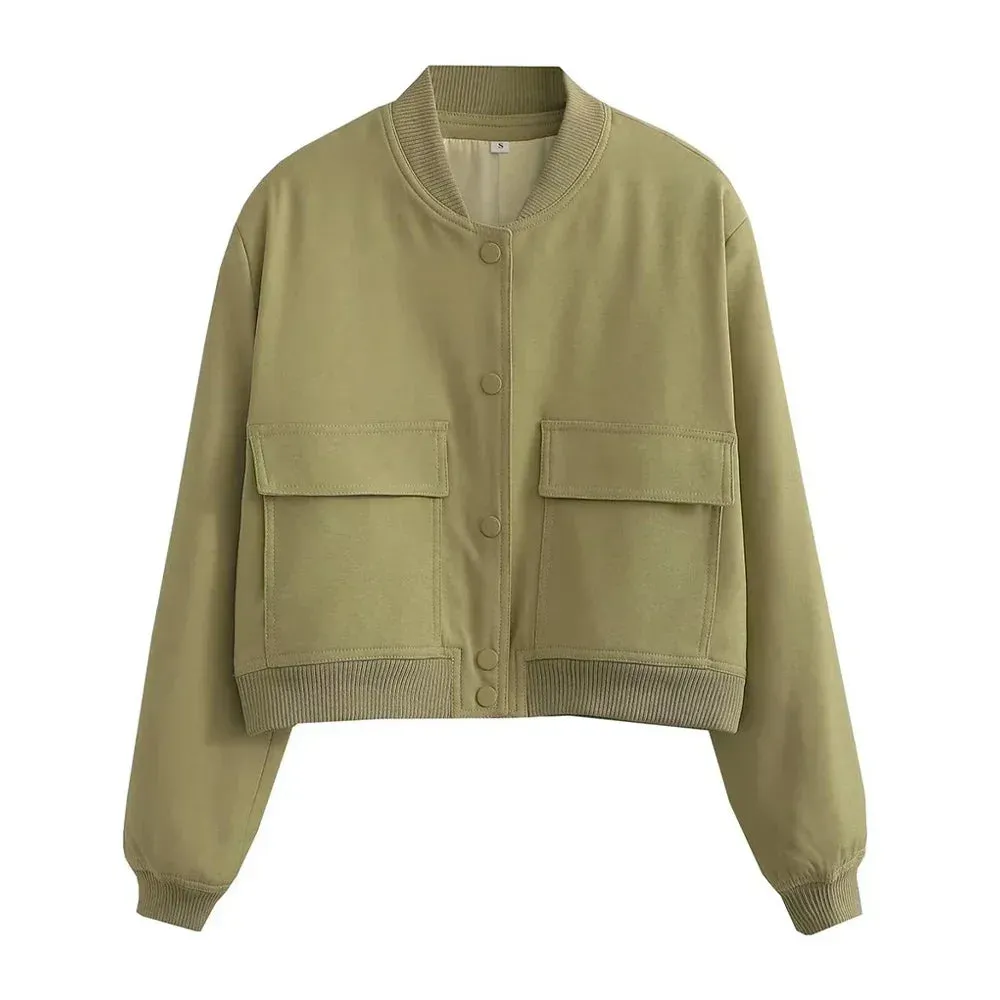 Back To School Joskaa Women Fashion With Pockets Bomber Jacket Coats Vintage Long Sleeve Front Button Casual Female Outerwear Chic Tops