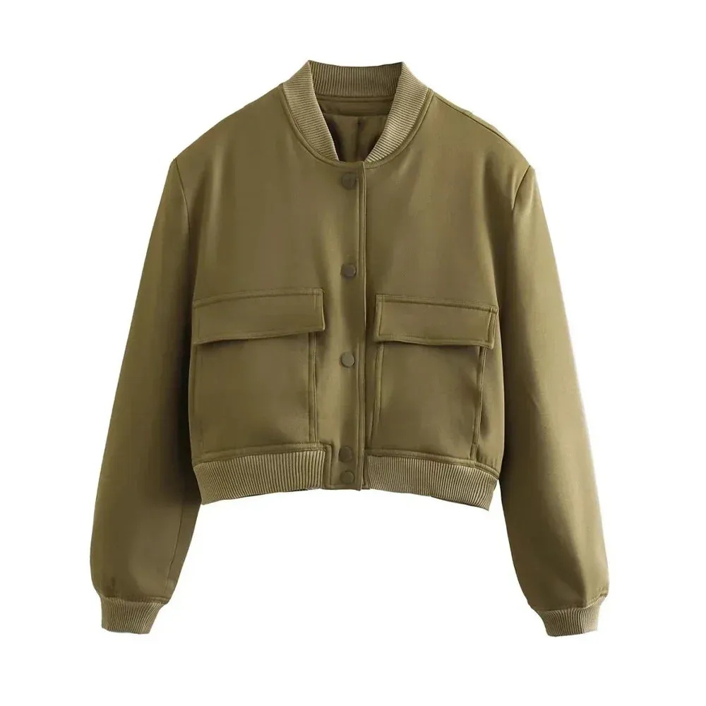 Back To School Joskaa Women Fashion With Pockets Bomber Jacket Coats Vintage Long Sleeve Front Button Casual Female Outerwear Chic Tops