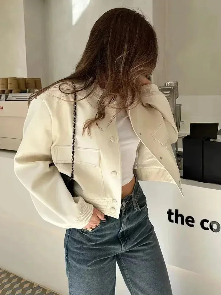 Back To School Joskaa Women Fashion With Pockets Bomber Jacket Coats Vintage Long Sleeve Front Button Casual Female Outerwear Chic Tops