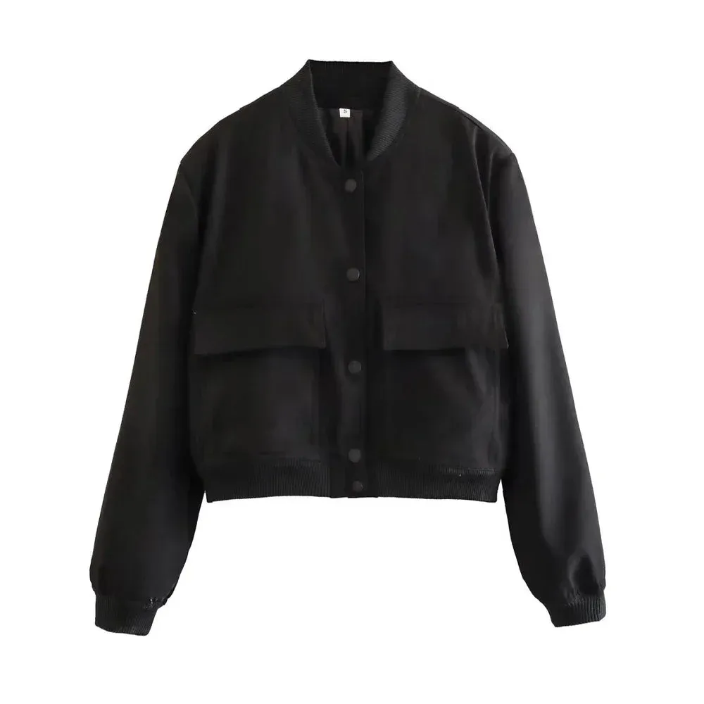 Back To School Joskaa Women Fashion With Pockets Bomber Jacket Coats Vintage Long Sleeve Front Button Casual Female Outerwear Chic Tops