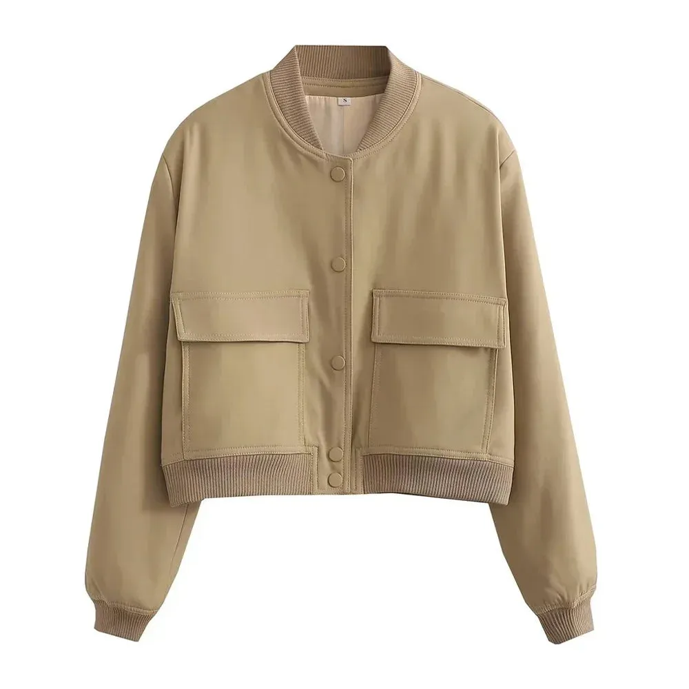 Back To School Joskaa Women Fashion With Pockets Bomber Jacket Coats Vintage Long Sleeve Front Button Casual Female Outerwear Chic Tops