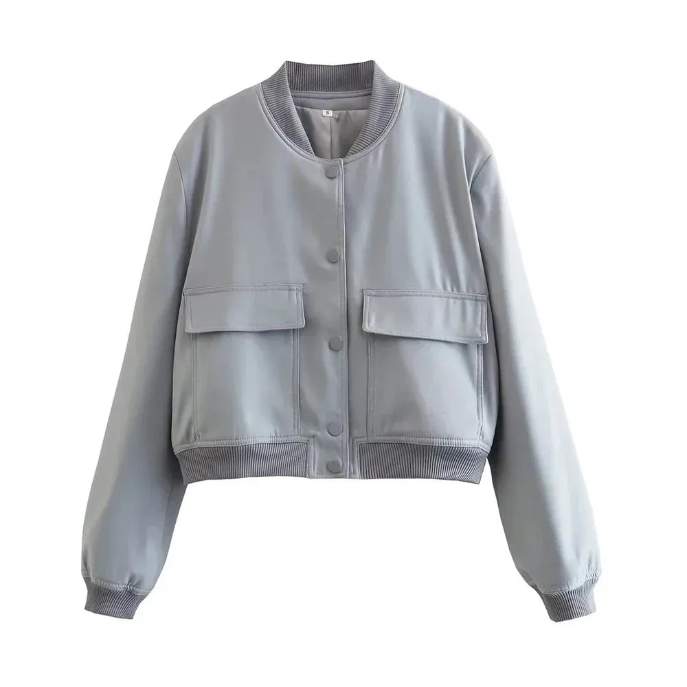 Back To School Joskaa Women Fashion With Pockets Bomber Jacket Coats Vintage Long Sleeve Front Button Casual Female Outerwear Chic Tops