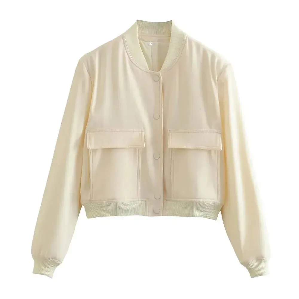 Back To School Joskaa Women Fashion With Pockets Bomber Jacket Coats Vintage Long Sleeve Front Button Casual Female Outerwear Chic Tops
