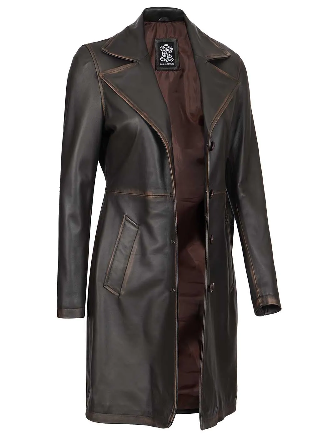 Bryson Women Rub Off Dark Brown Leather Trench Coat