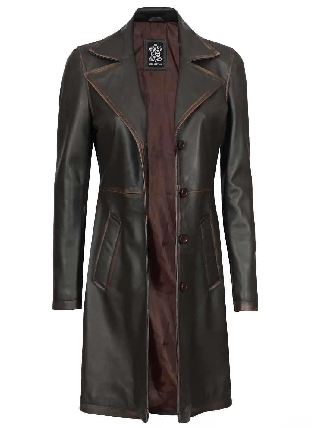 Bryson Women Rub Off Dark Brown Leather Trench Coat