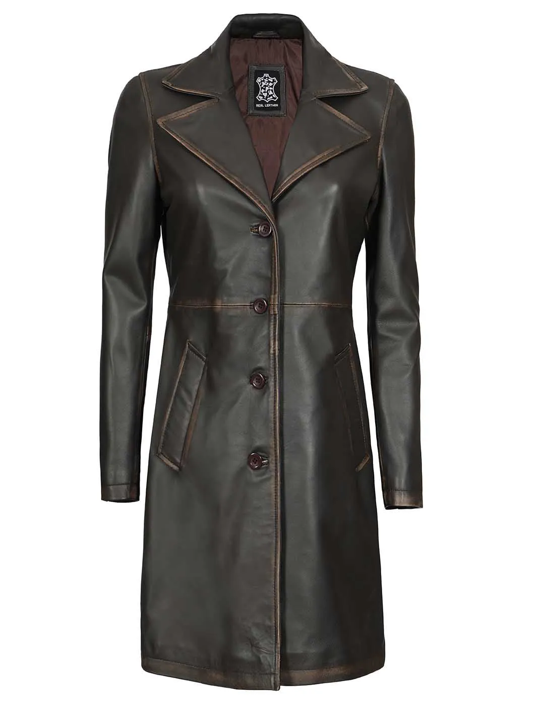 Bryson Women Rub Off Dark Brown Leather Trench Coat