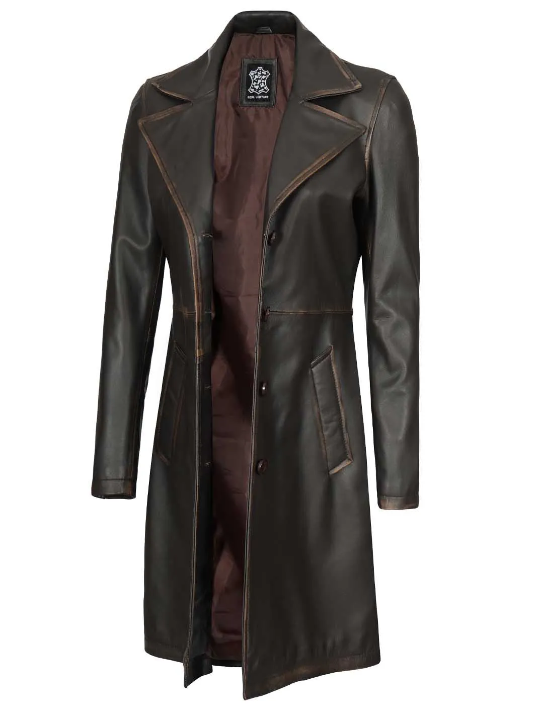 Bryson Women Rub Off Dark Brown Leather Trench Coat