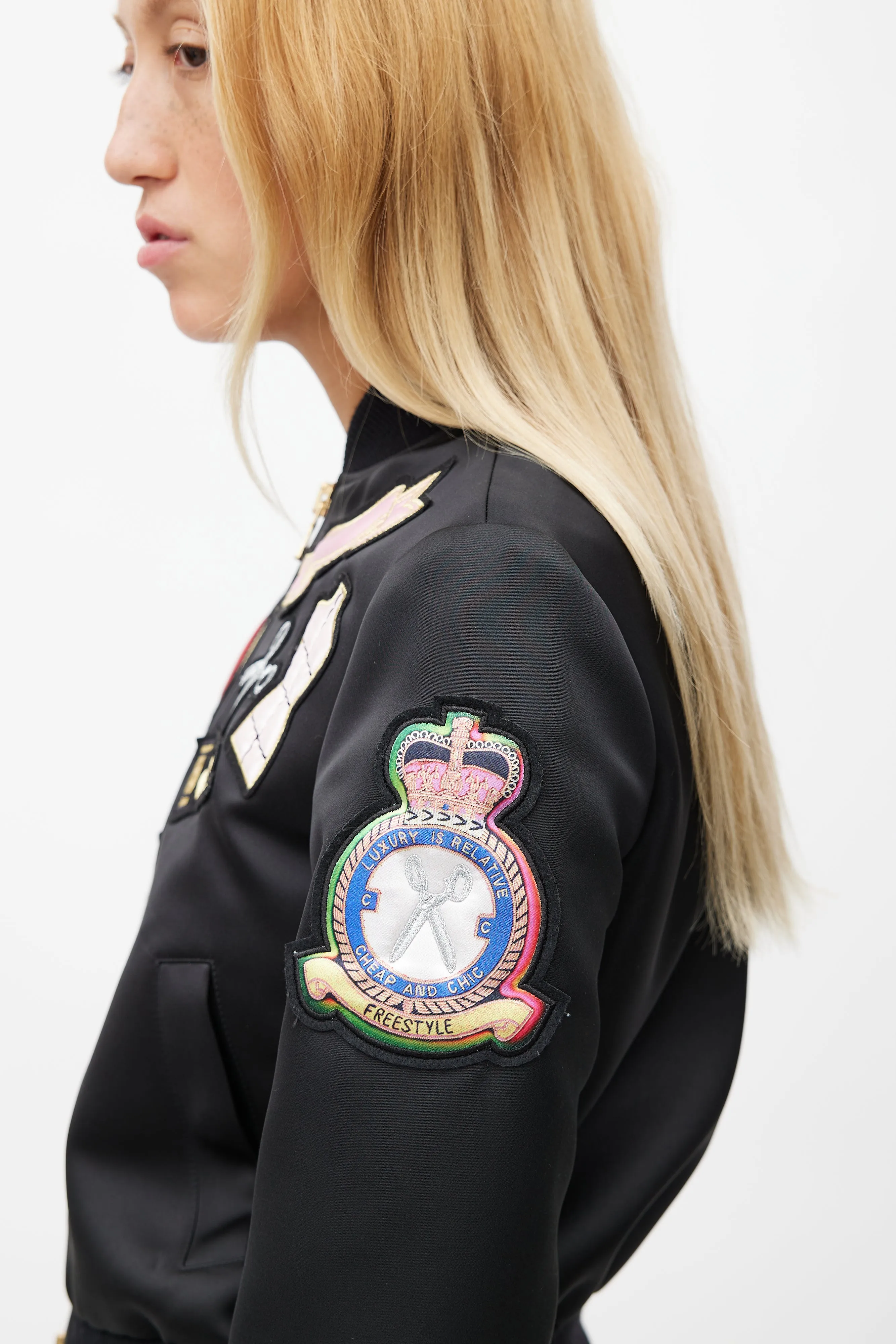 Cheap And Chic Black Satin Patches Bomber Jacket