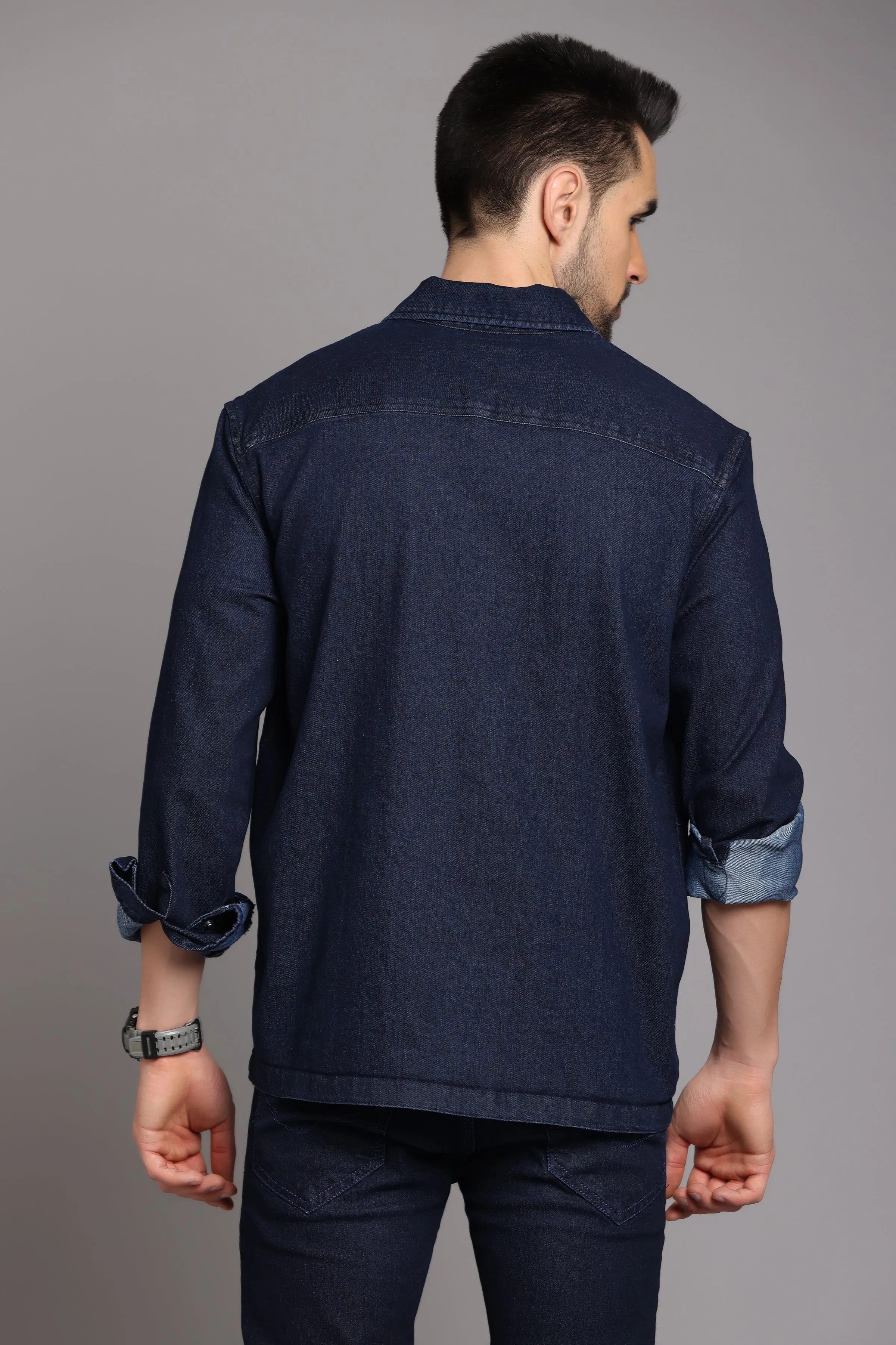 Dark Blue Denim Zipper Jacket with Double Pockets