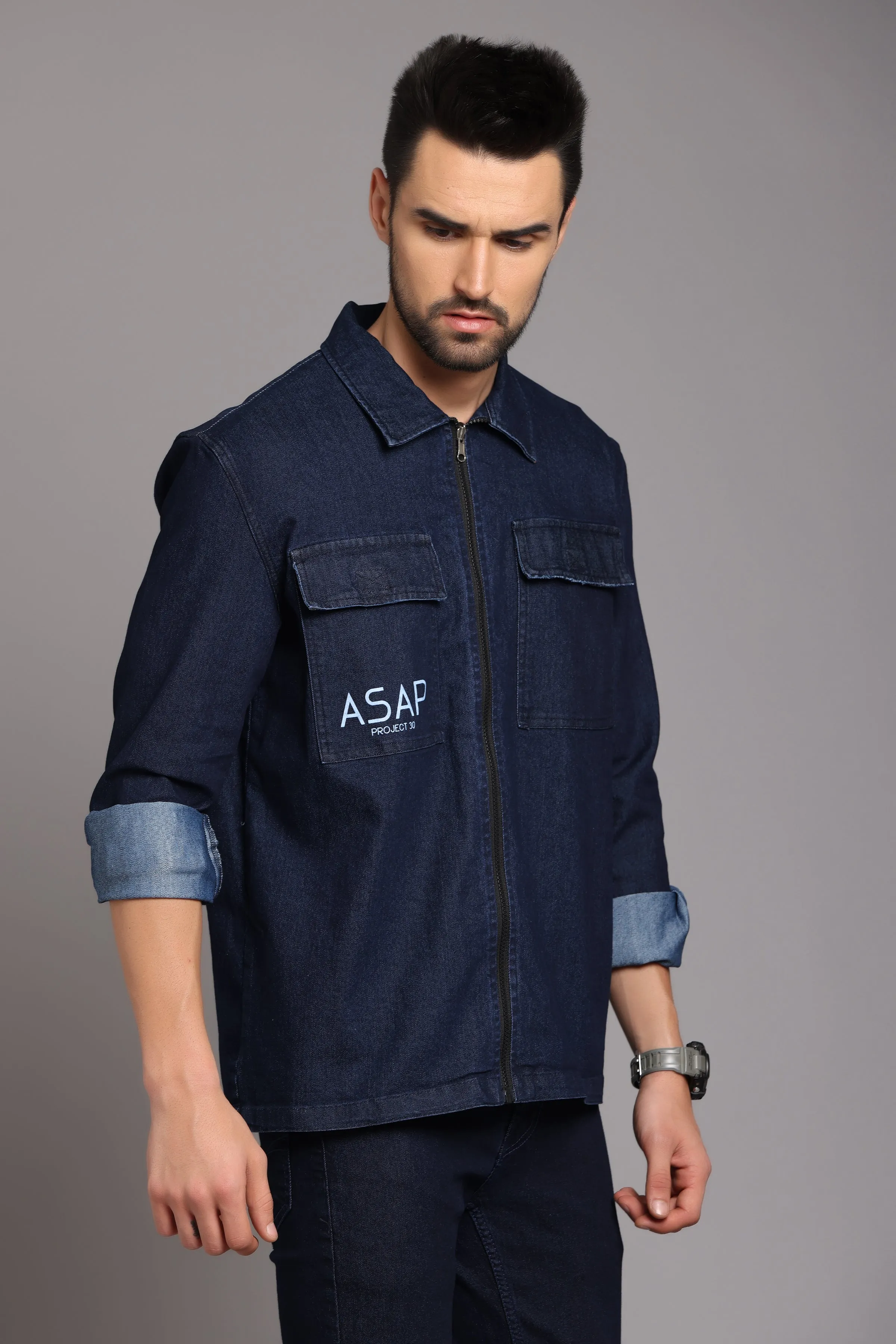Dark Blue Denim Zipper Jacket with Double Pockets