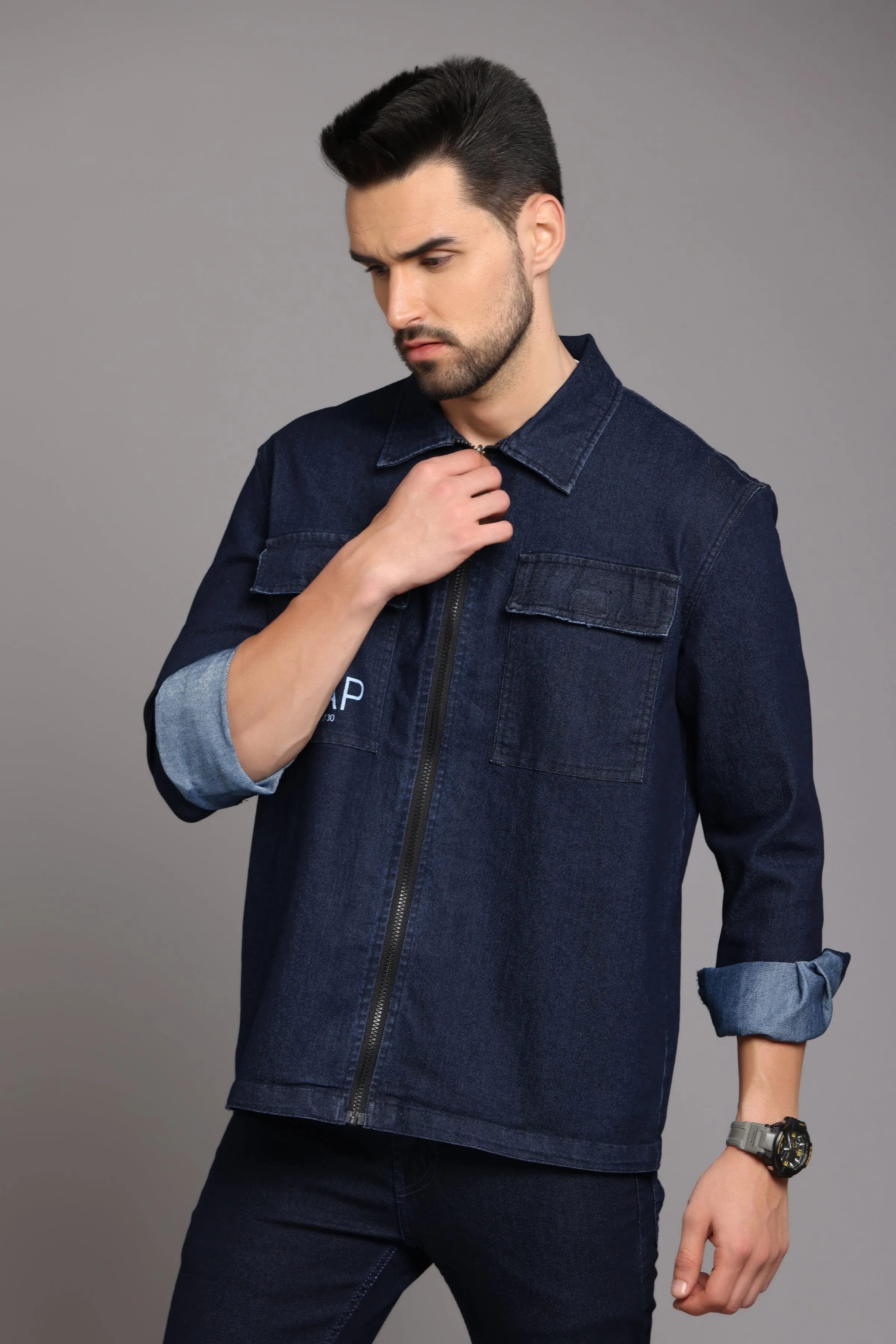 Dark Blue Denim Zipper Jacket with Double Pockets