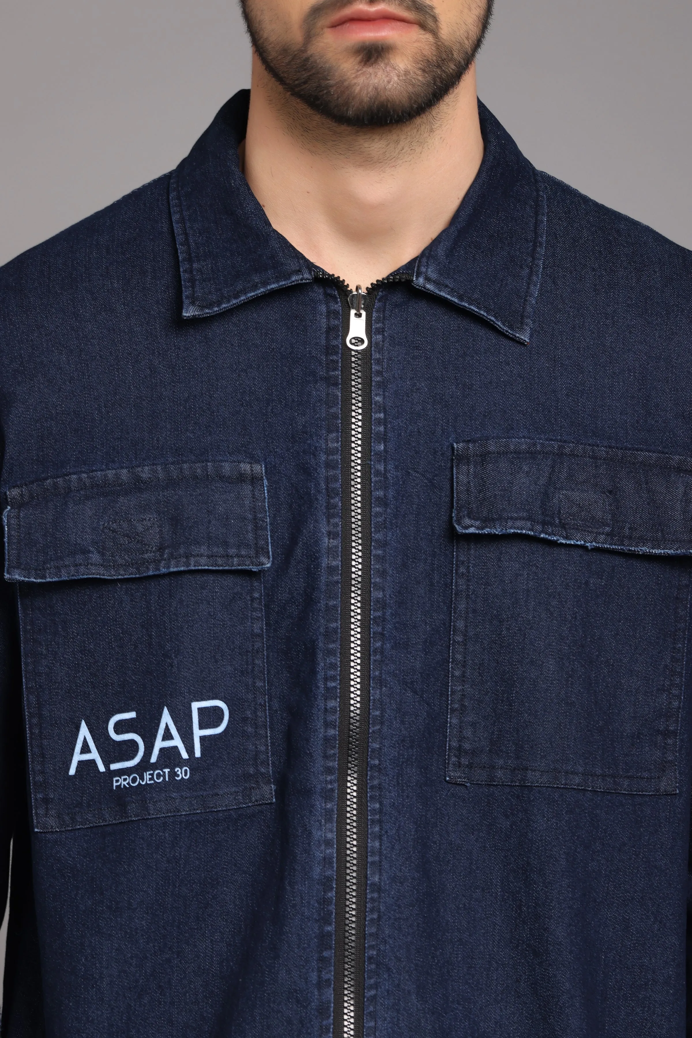 Dark Blue Denim Zipper Jacket with Double Pockets