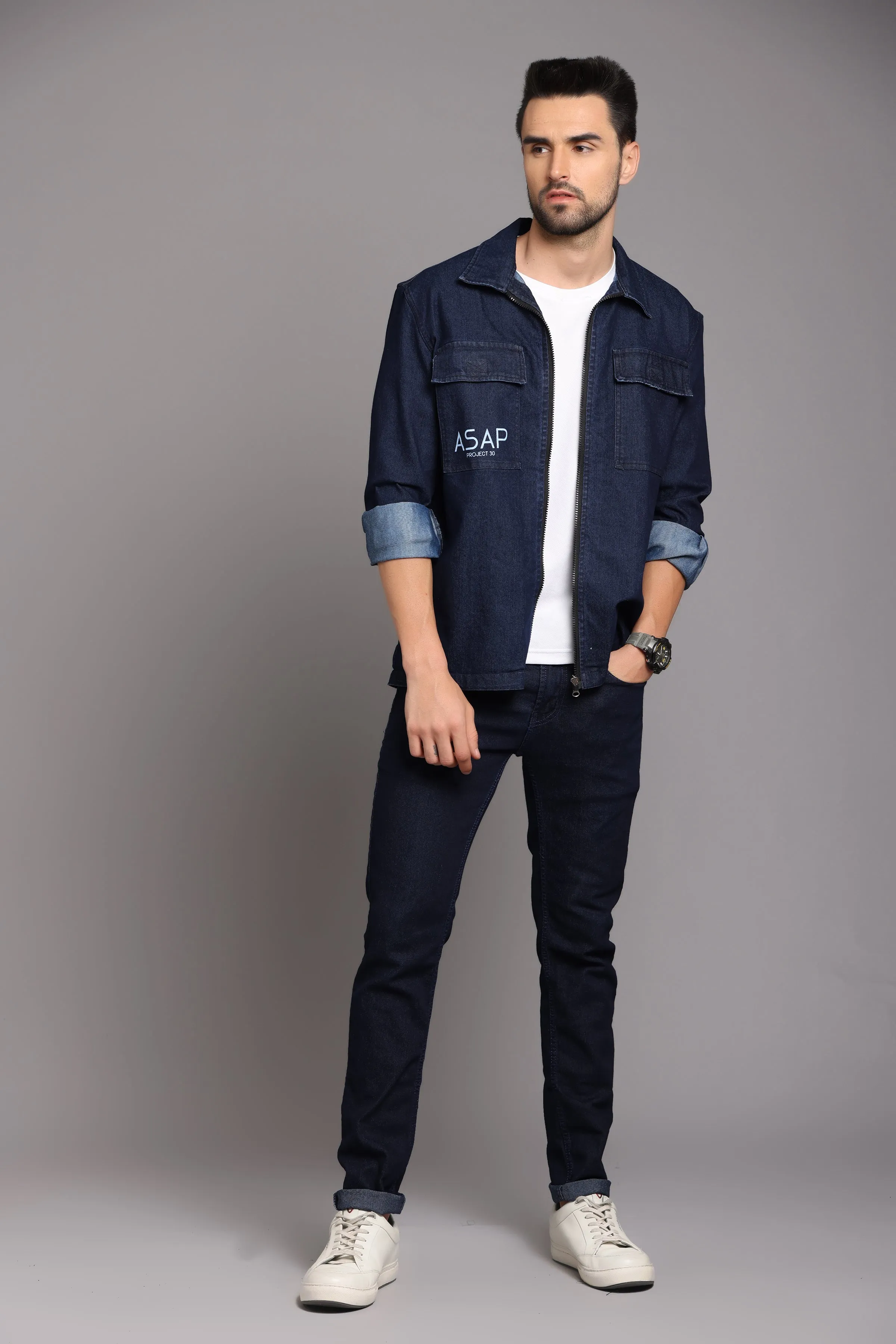 Dark Blue Denim Zipper Jacket with Double Pockets
