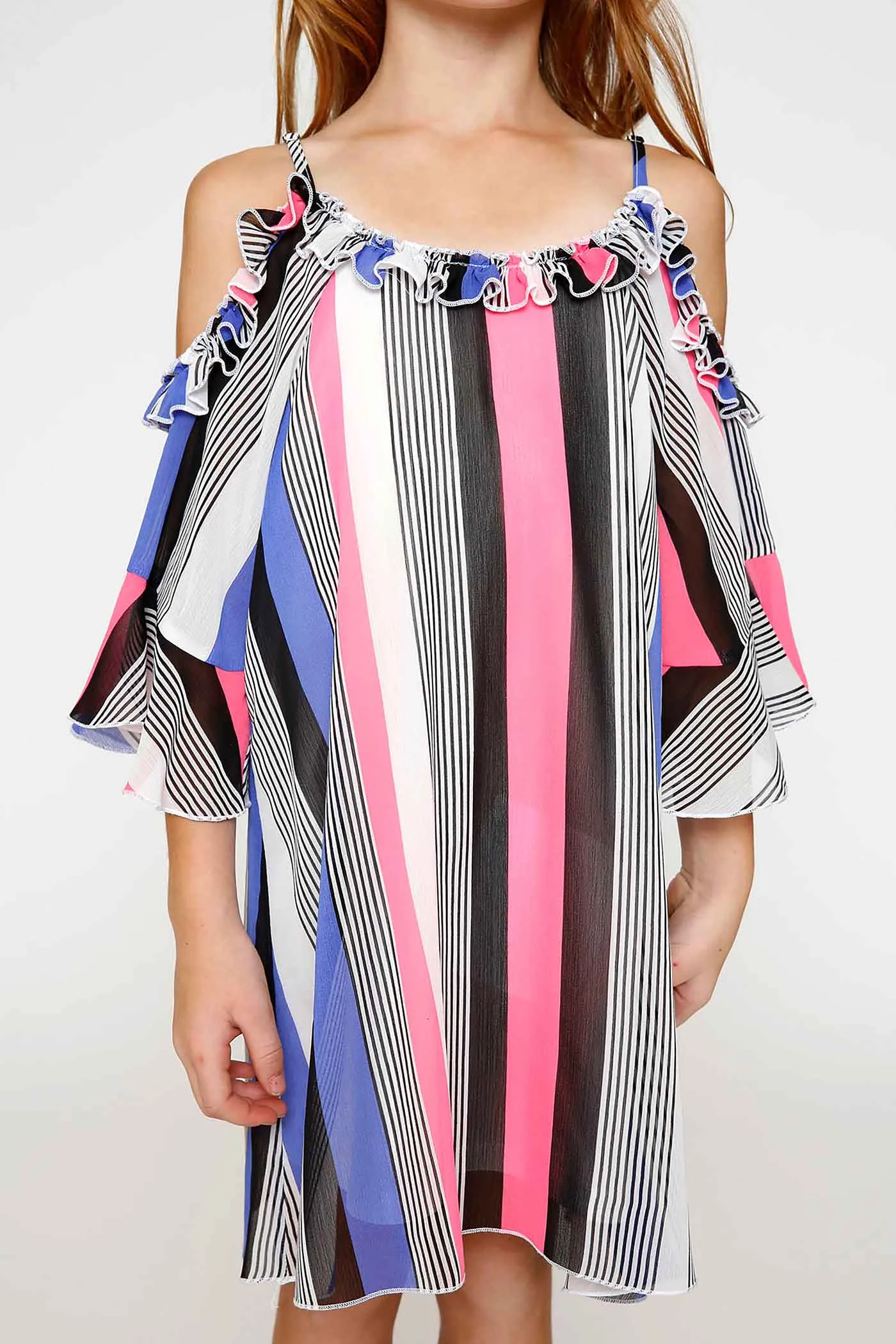 Girls Color Striped Cold Shoulder Chiffon Dress