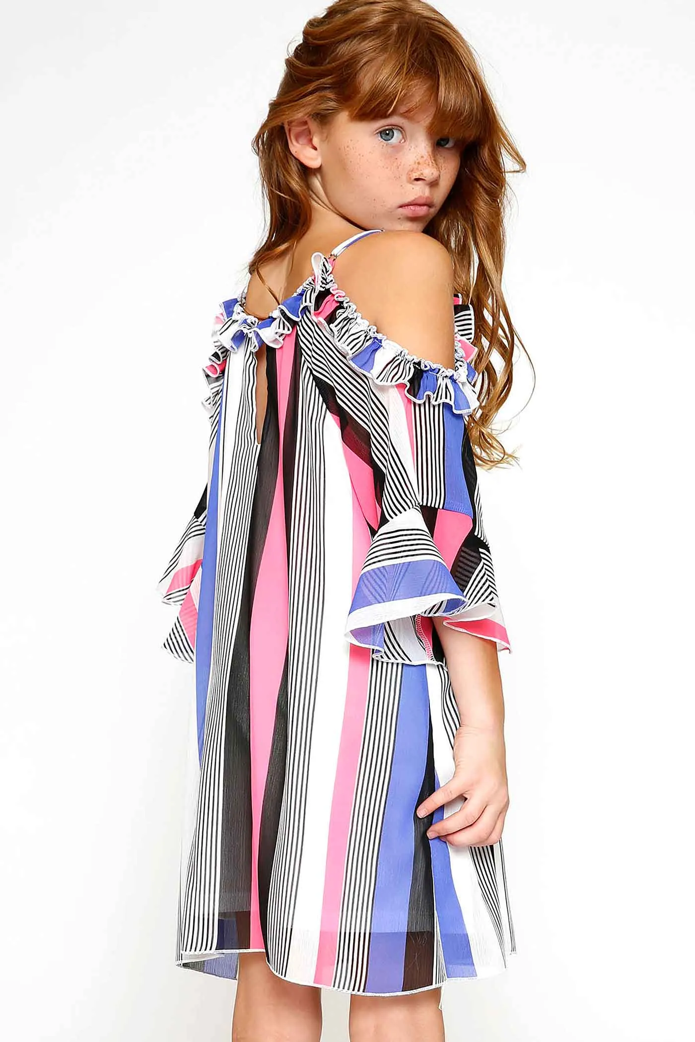 Girls Color Striped Cold Shoulder Chiffon Dress