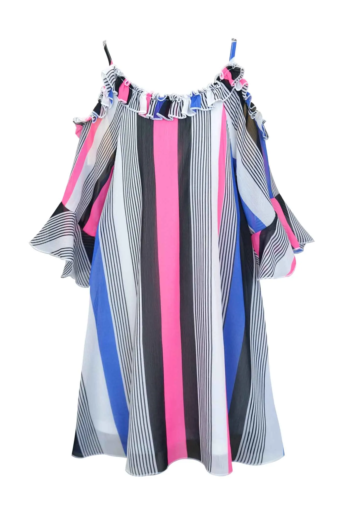 Girls Color Striped Cold Shoulder Chiffon Dress