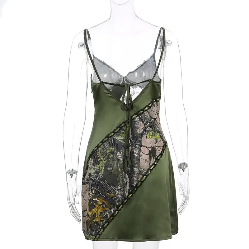 Grunge Fairycore V Neck Lace Patchwork Y2K Slip Dress Female Vintage Fashion Printed Y2K Aesthetic Summer Dress Sexy