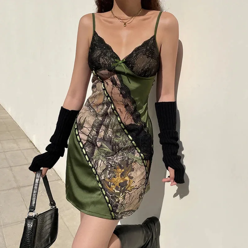 Grunge Fairycore V Neck Lace Patchwork Y2K Slip Dress Female Vintage Fashion Printed Y2K Aesthetic Summer Dress Sexy