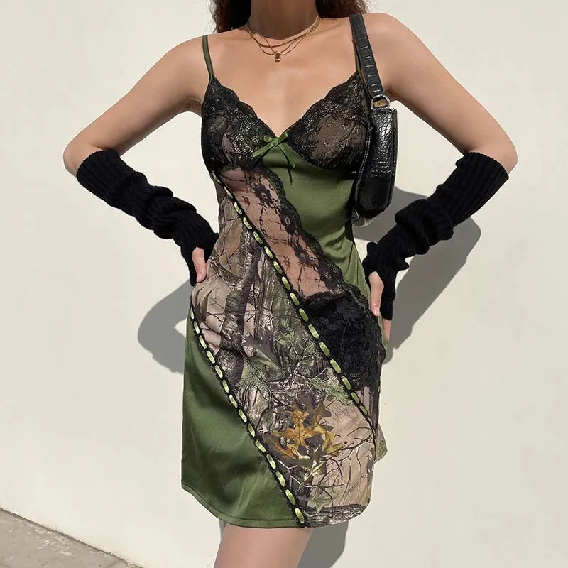 Grunge Fairycore V Neck Lace Patchwork Y2K Slip Dress Female Vintage Fashion Printed Y2K Aesthetic Summer Dress Sexy