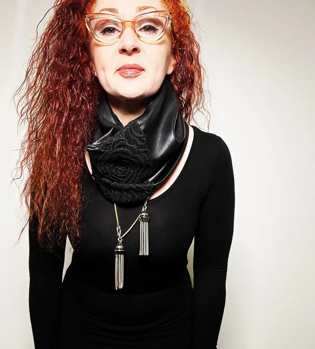 Luxe Collar - Loop Scarf - Faux Leather -  Black Lace