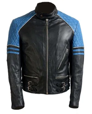 Men Blue Black Branded Motorbike Leather Jacket, Classic Trendy Scooter Fashion Jacket
