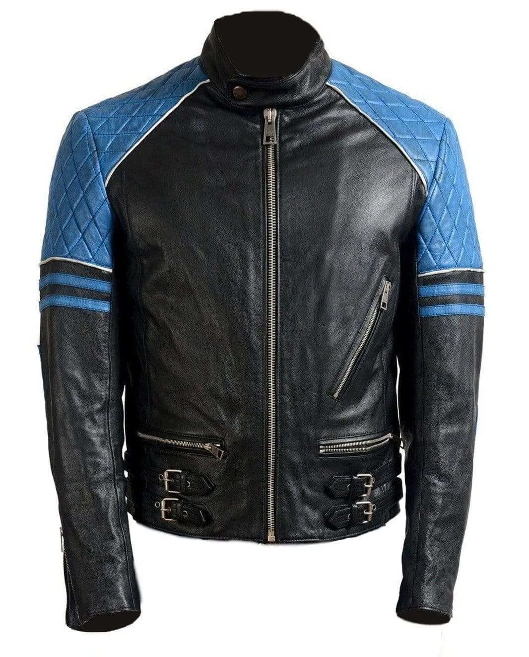 Men Blue Black Branded Motorbike Leather Jacket, Classic Trendy Scooter Fashion Jacket