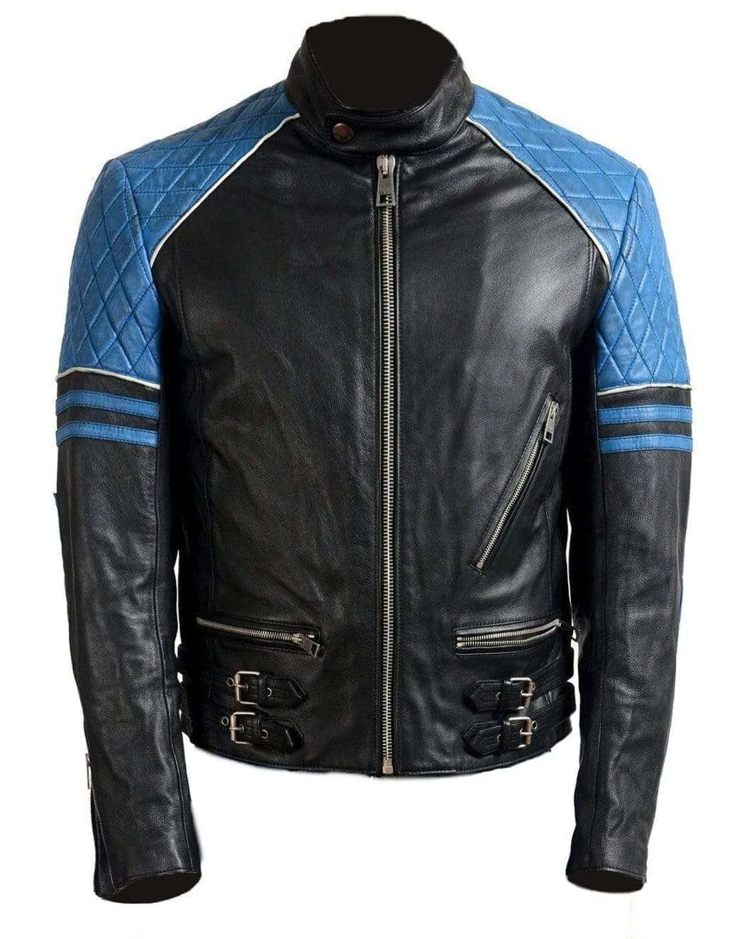 Men Blue Black Branded Motorbike Leather Jacket, Classic Trendy Scooter Fashion Jacket
