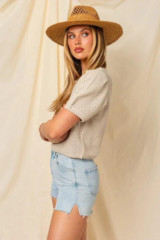 Milo Puff Sleeve Round Neck Texture Sweater Top