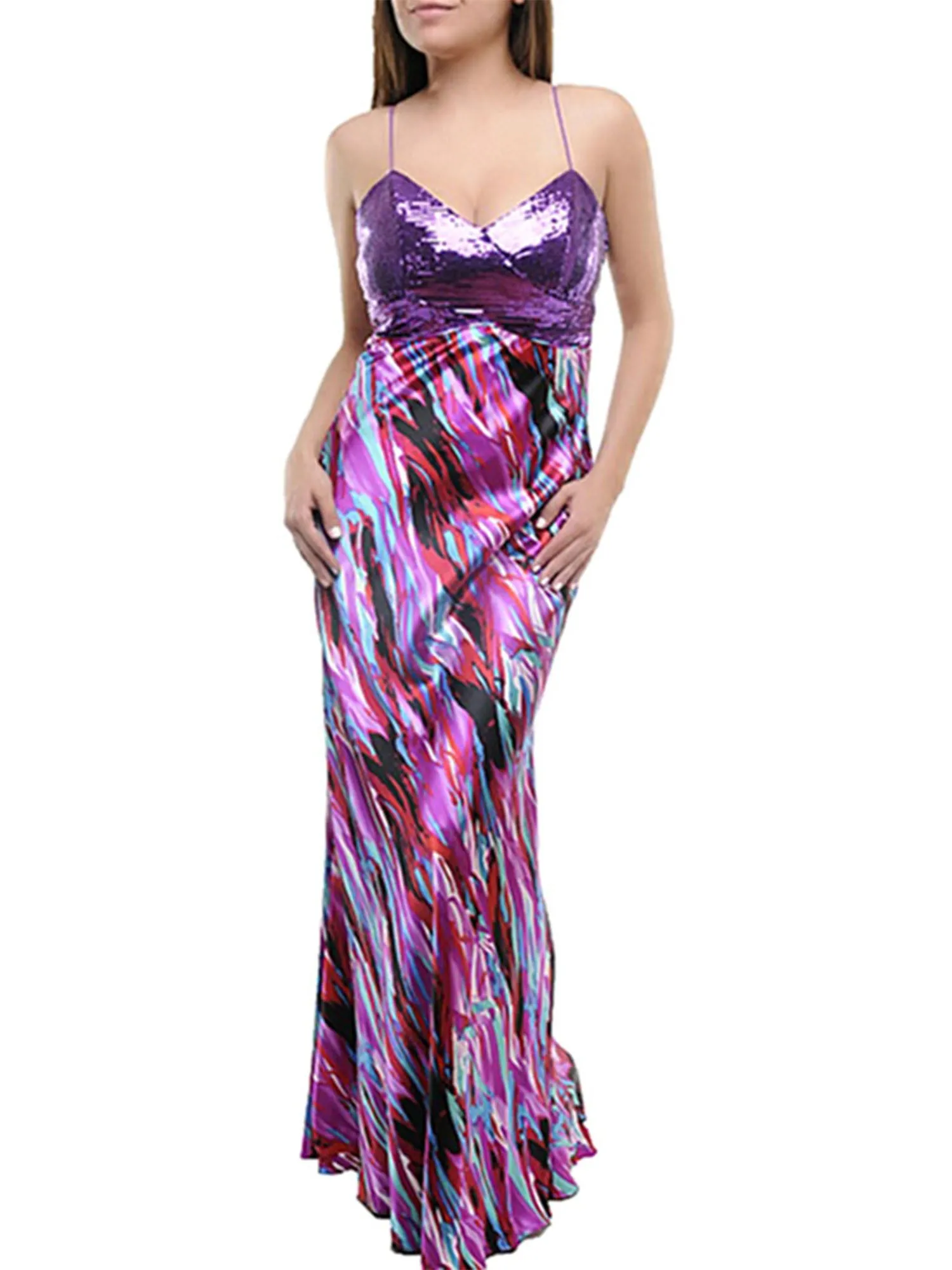 Multicolor Print Gown With Sequin Bust
