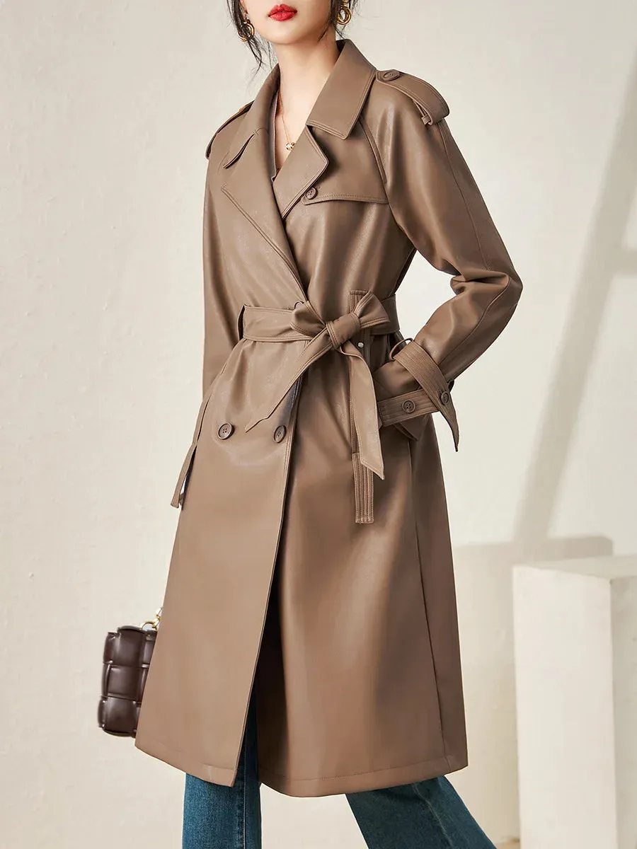 Notched Long Sleeve Double-breasted Coat