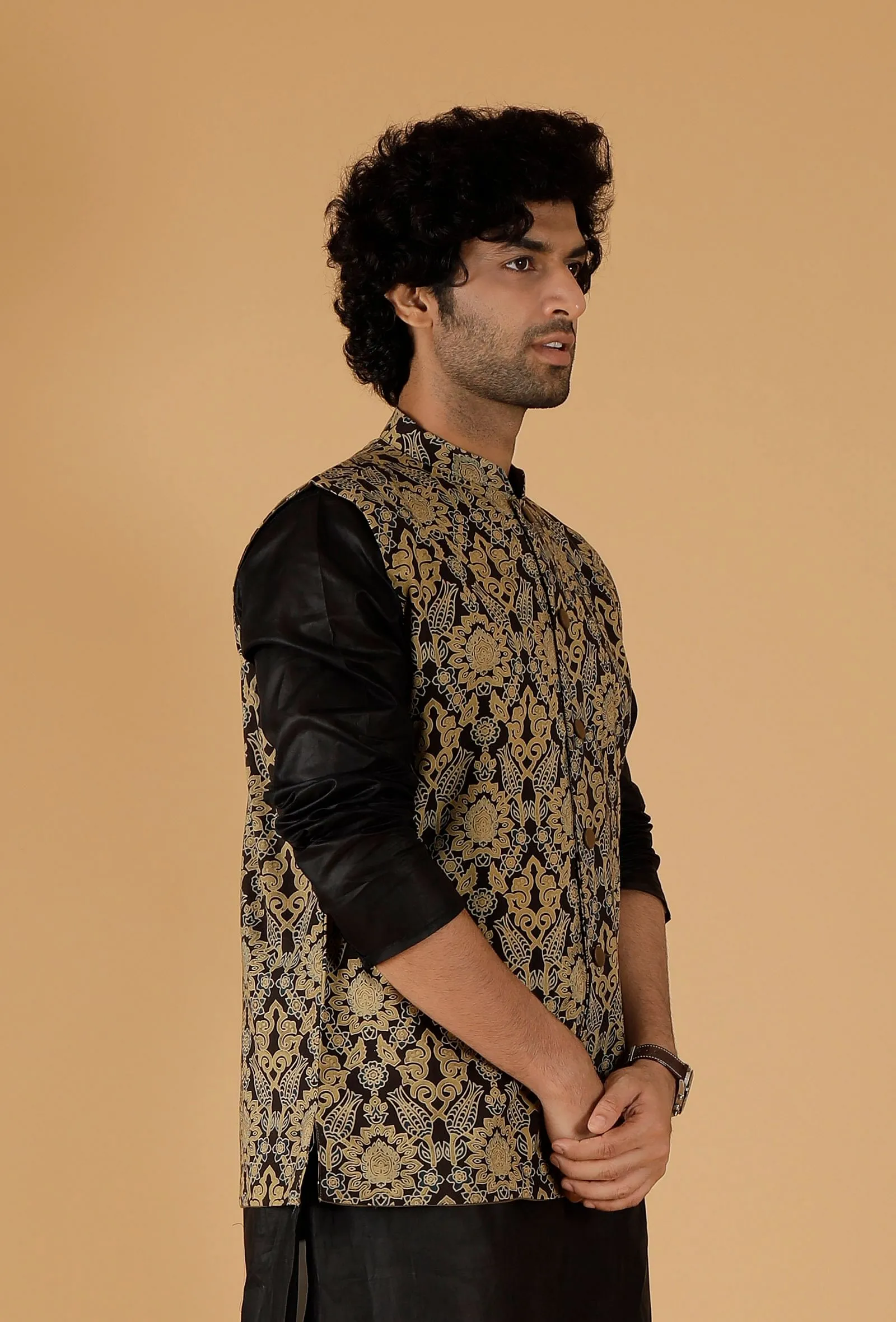 Olive Green Ajrakh Print Cotton Sleeveless Nehru Jacket