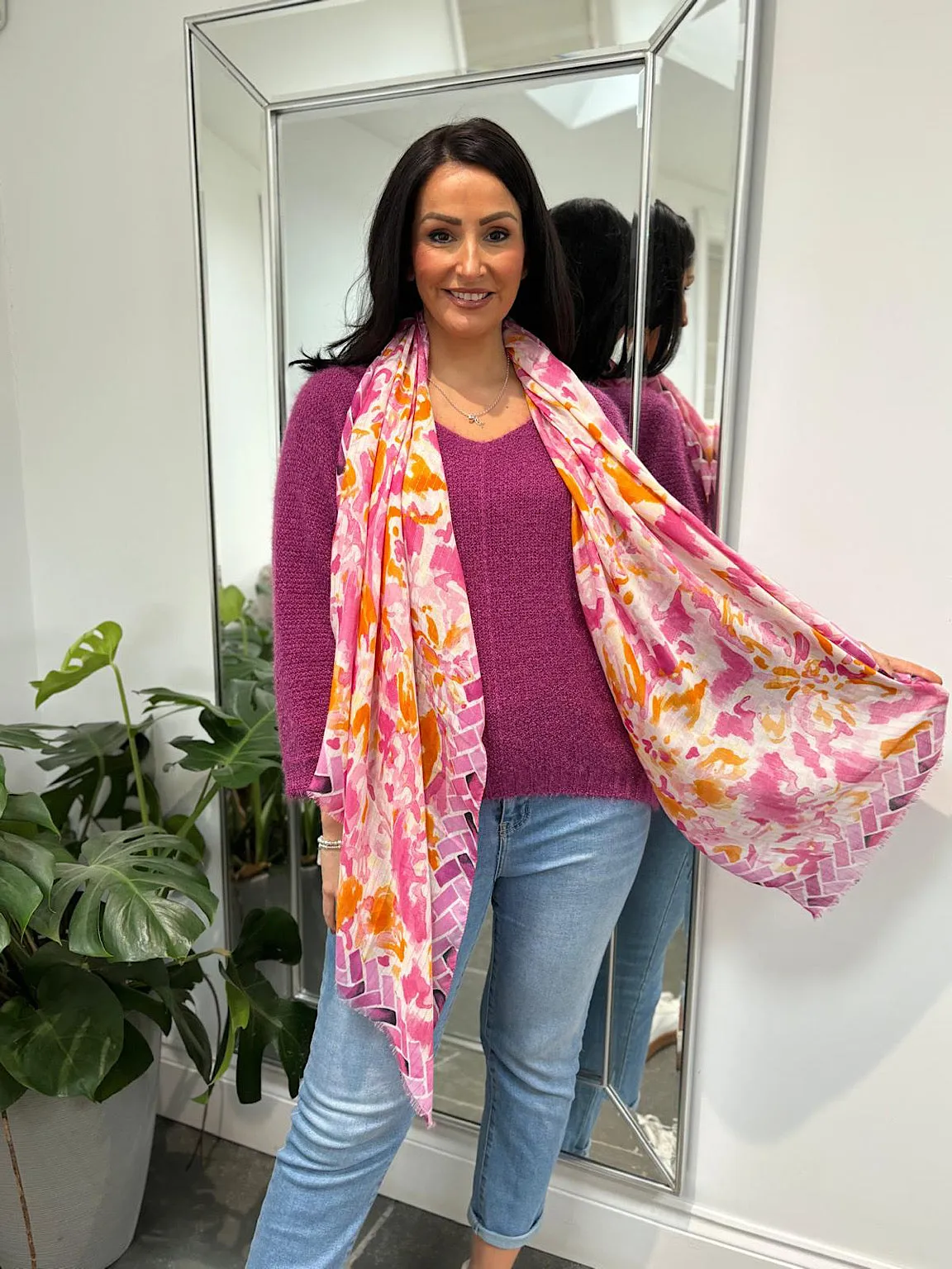 Pink Block Trim Watercolour Scarf