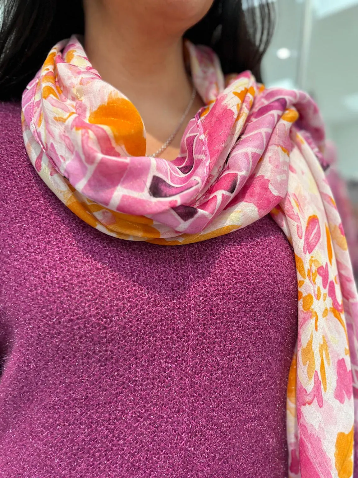 Pink Block Trim Watercolour Scarf