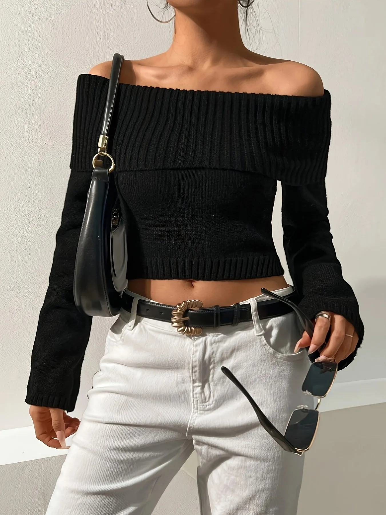 Purpdrank Elegant Off-Shoulder Crop Sweater - Solid Ribbed Knit for Spring to Fall | Versatile & Chic