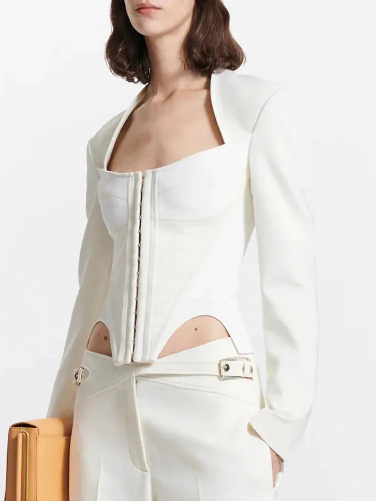 Solid Color Minimalist Short Coats For Women Square Collar Long Sleeve Temperament Slimming Coat Female Fashion Clothing