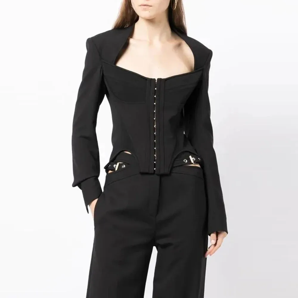 Solid Color Minimalist Short Coats For Women Square Collar Long Sleeve Temperament Slimming Coat Female Fashion Clothing