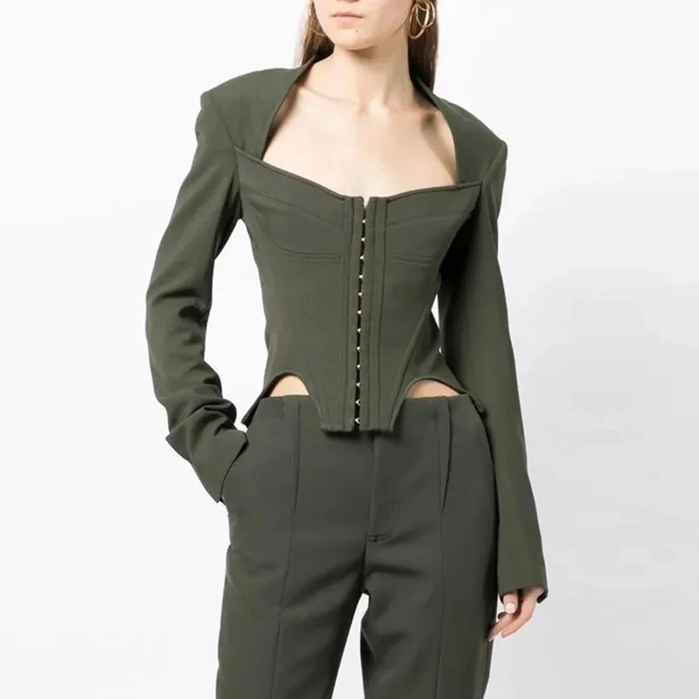 Solid Color Minimalist Short Coats For Women Square Collar Long Sleeve Temperament Slimming Coat Female Fashion Clothing