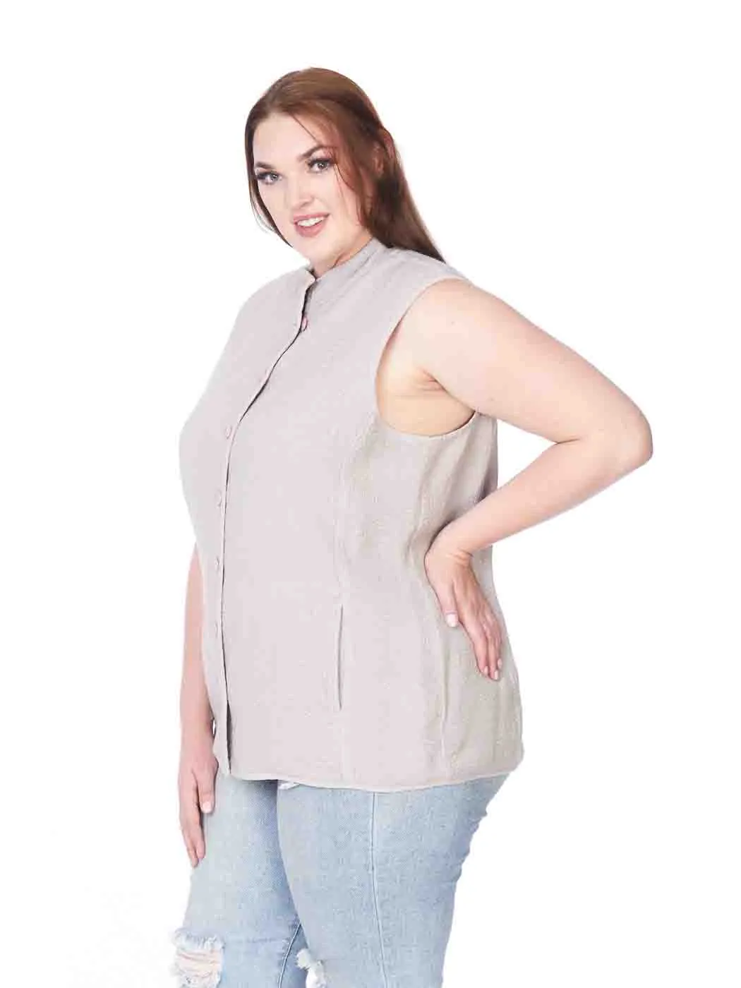 Tianello Plus Sized TENCEL™ "Vine" Cotton Jacquard Sleeveless "Oxford" Vest Jacket-Lined...  with Side Pockets