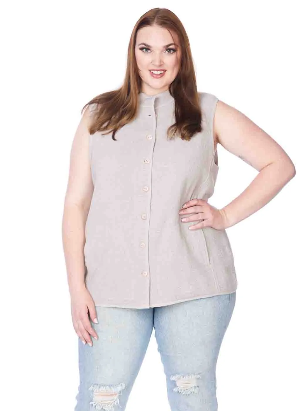 Tianello Plus Sized TENCEL™ "Vine" Cotton Jacquard Sleeveless "Oxford" Vest Jacket-Lined...  with Side Pockets