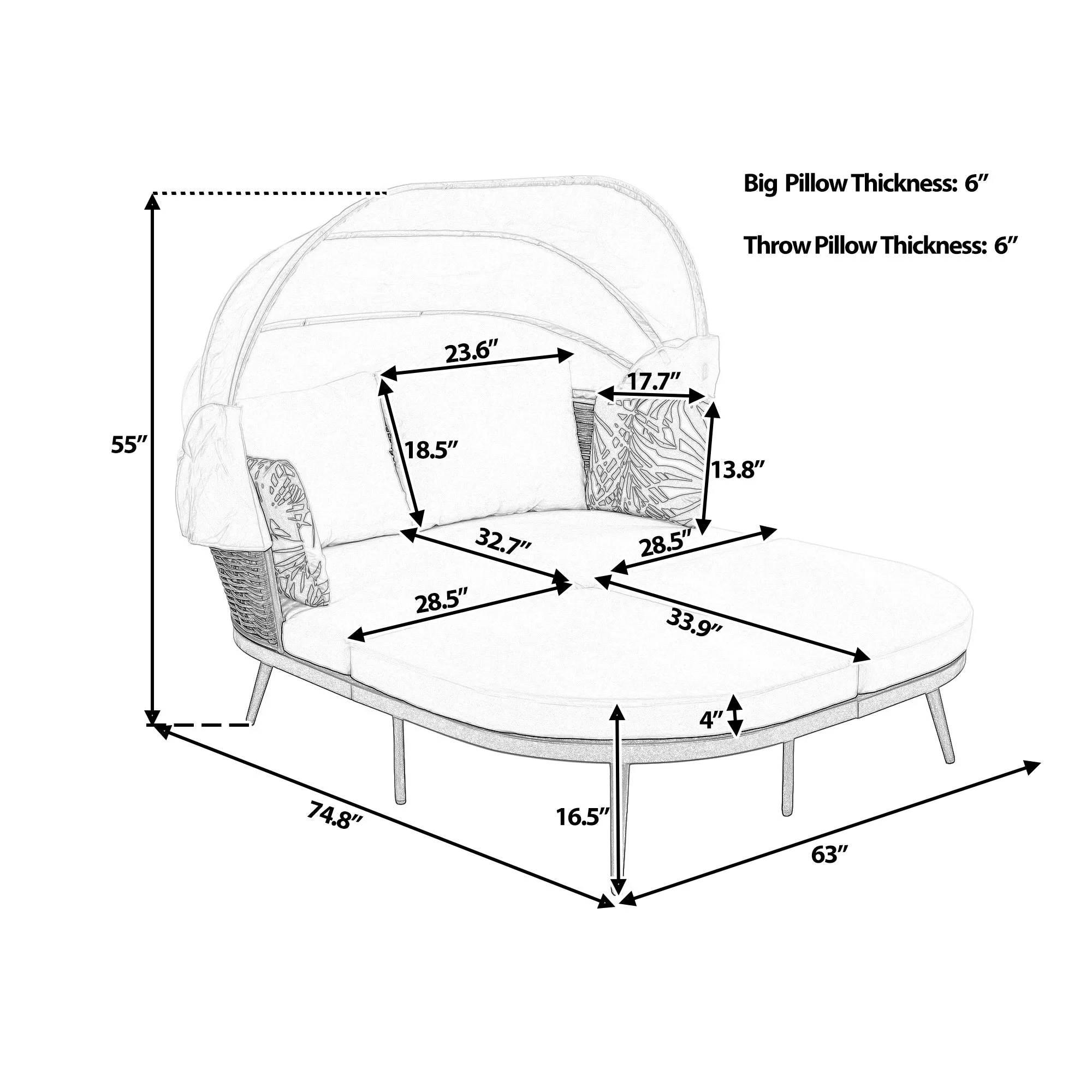 TOPMAX 74.8" L Patio Daybed with Retractable Canopy, Outdoor Rattan PE Wicker Back Loveseat Sofa Set with Throw Pillows and Cushions for Backyard, Poolside, Garden, Beige
