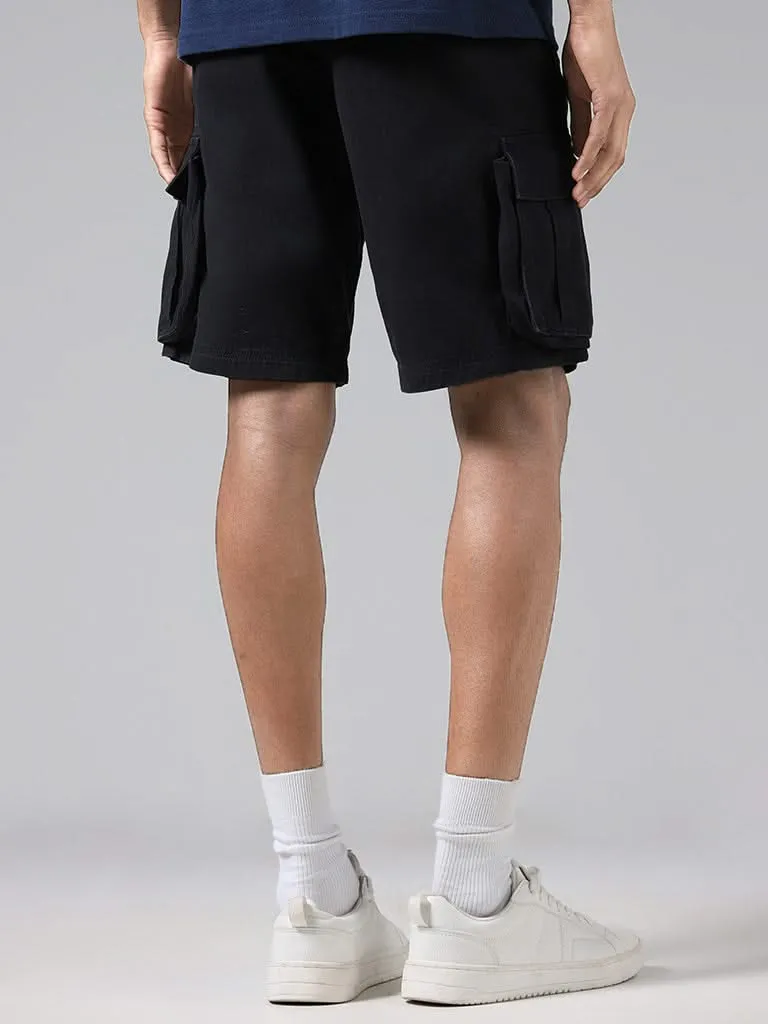 WES Casuals Solid Navy Cotton Relaxed-Fit Mid-Rise Shorts