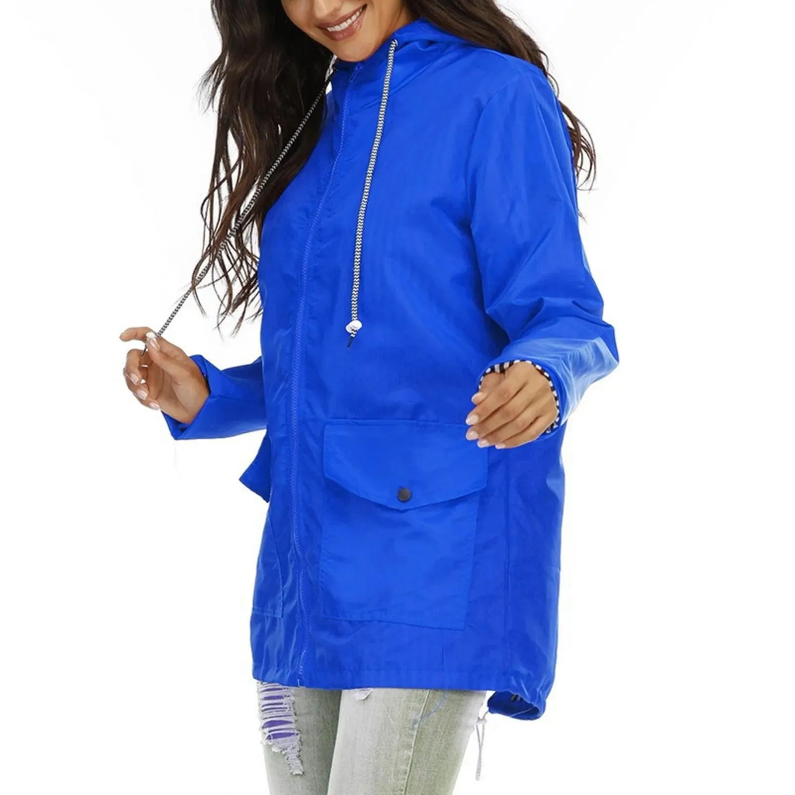 Women Solid Rain Jacket Outdoor Plus Size Hooded Windproof Loose Coat Women's Athletic Jackets