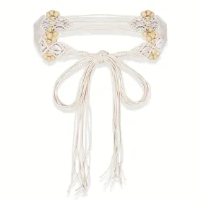 Wooden Bead white Tassel Macrame belt